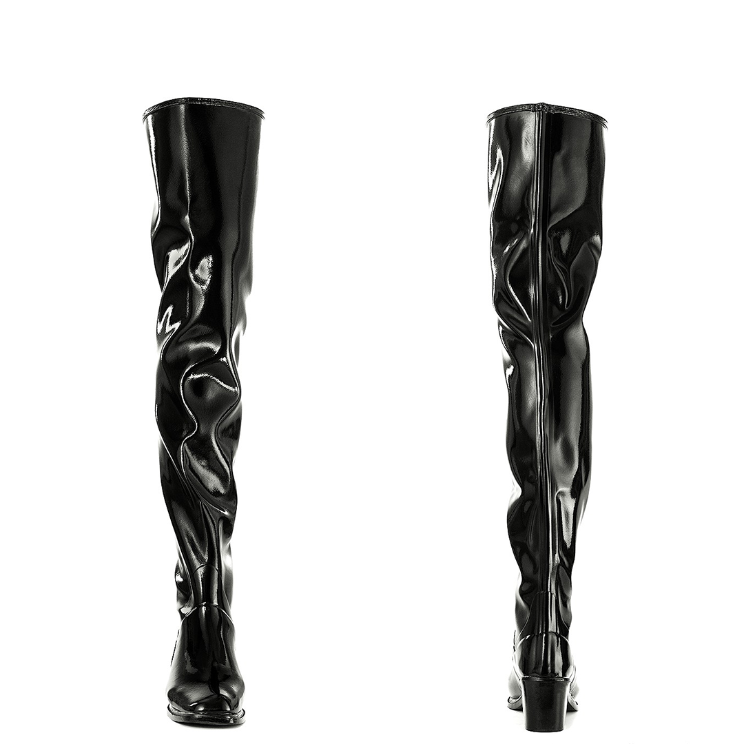 Front and back views of ACQUO of Sweden’s glossy black over the knee boots with elegant block heels, crafted from premium natural rubber for a luxurious and fashion-forward silhouette