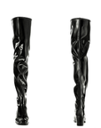 Front and back views of ACQUO of Sweden’s glossy black over the knee boots with elegant block heels, crafted from premium natural rubber for a luxurious and fashion-forward silhouette