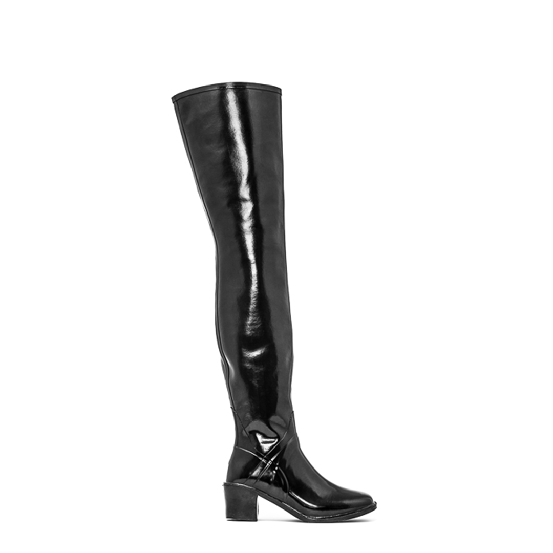 ACQUO of Sweden high-shine black over-the-knee boots with mid block heel – iconic Scandinavian fashion footwear blending retro allure and modern edge