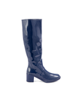 Karin Iris Blue side view by ACQUO of Sweden featuring elegant iris blue rubber boots with a sleek silhouette and refined block heel.