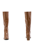Karin Walnut Brown front and back view of ACQUO of Sweden shiny rubber boots with a structured silhouette and block heel.