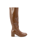 Karin Walnut Brown side view of ACQUO of Sweden shiny rubber boots with a structured silhouette and block heel.