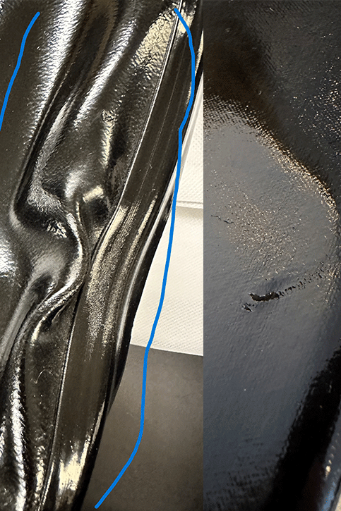 Close-up comparison of an ACQUO of Sweden over-the-knee black rubber boot showing visible creasing on the shaft and a surface scratch on the side, highlighted for detailed quality evaluation