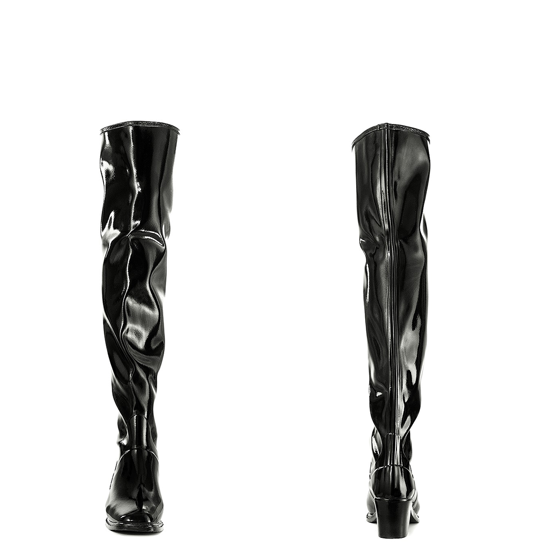 Front and back view of ACQUO of Sweden’s high-shine over-the-knee black boots with block heels, designed for a bold yet elegant silhouette with signature Swedish style