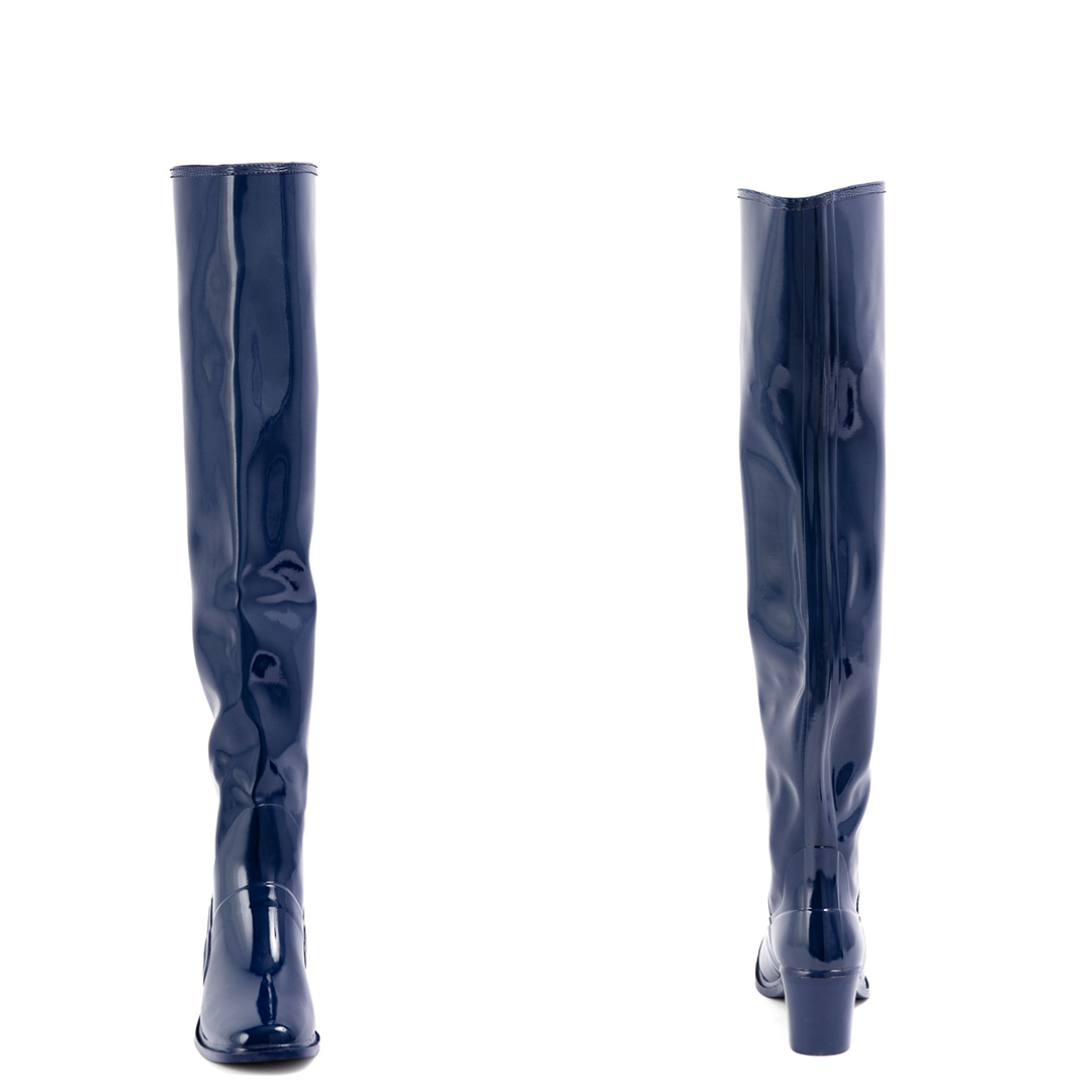 Lisa Iris Blue front and back view by ACQUO of Sweden featuring elegant iris blue over-the-knee rubber boots with a sleek silhouette and refined block heel.