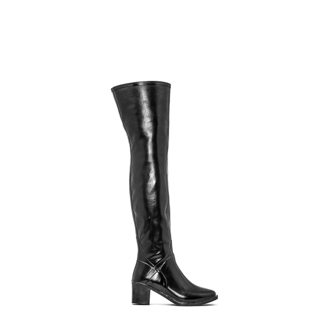 ACQUO of Sweden over-the-knee black boots with low block heel – modern Scandinavian style meets vintage-inspired high-shine footwear design