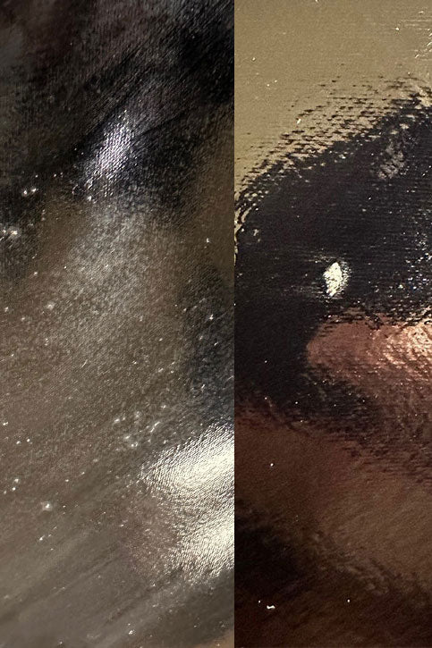 Close-up image of ACQUO of Sweden black over-the-knee boots showing material surface details and visible imperfections, including scuff marks and texture variations, for quality assessment and product documentation