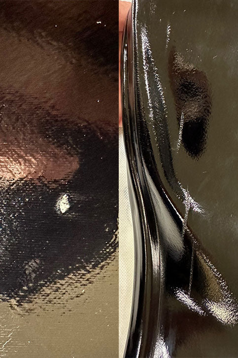 Close-up of ACQUO of Sweden boot shaft in glossy black natural rubber, showing visible surface defects and uneven finish