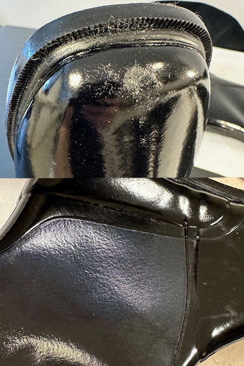Close-up detail of ACQUO of Sweden over-the-knee black rubber boots, highlighting natural surface variations and craftsmanship quality—ideal for customers seeking authentic, stylish footwear with a high-shine finish and premium durability