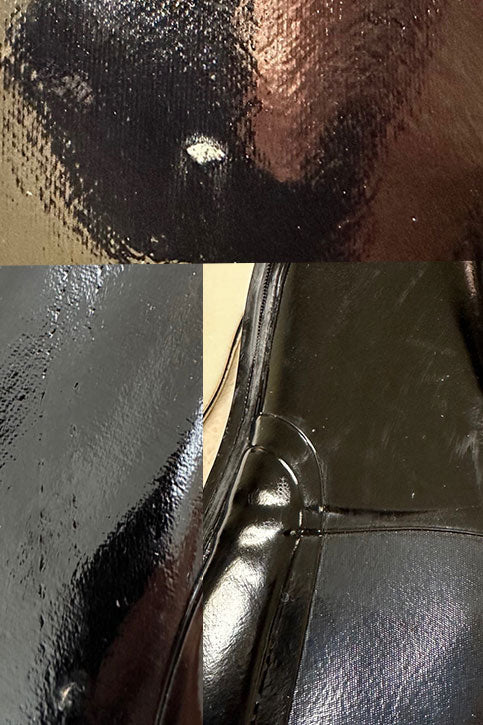 Detailed close-up of ACQUO of Sweden boot shaft in glossy black natural rubber, highlighting surface defects and uneven texture
