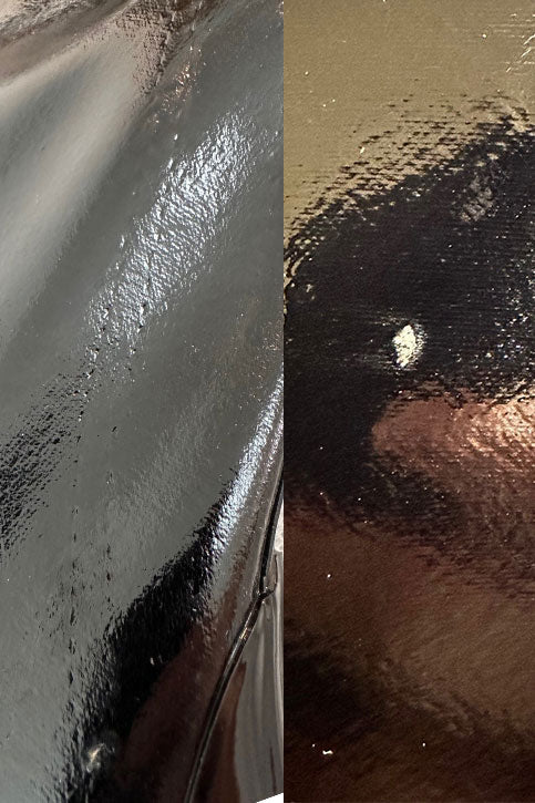 Close-up comparison of surface imperfections on ACQUO of Sweden’s black over-the-knee rubber boots, showing material texture variations and small defects for detailed product evaluation and quality assurance.