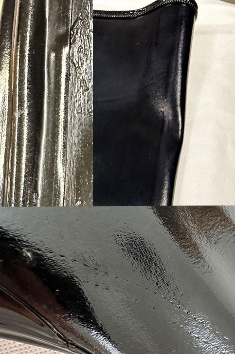 Close-up of ACQUO of Sweden boot shaft made from glossy black natural rubber, showing visible surface defects and irregular texture