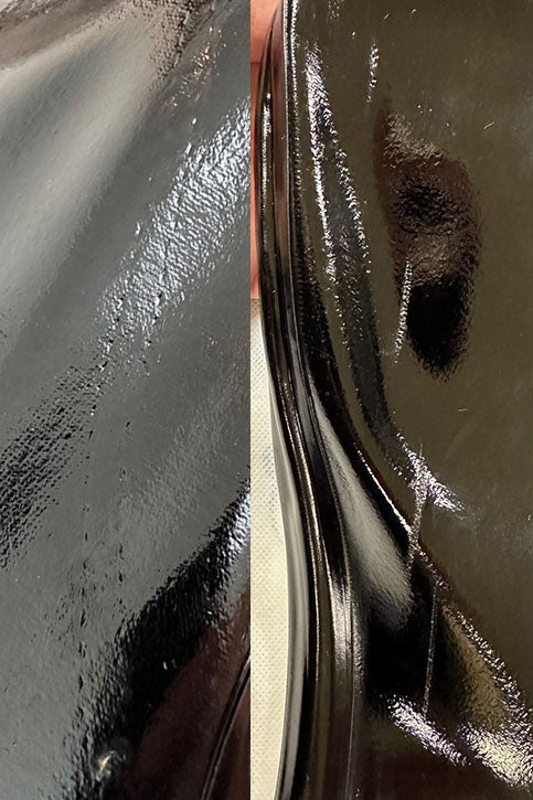 Close-up of ACQUO of Sweden’s glossy black rubber boots displaying handcrafted surface structure and visible material lines, emphasizing premium quality and artisanal boot manufacturing