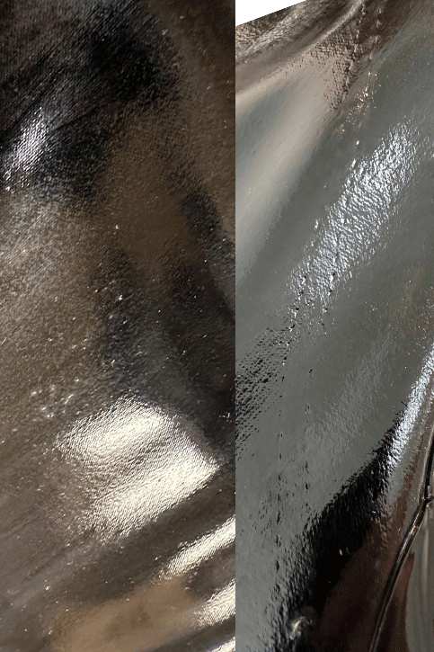 Close-up comparison of ACQUO of Sweden black over-the-knee rubber boots, highlighting surface texture differences and minor imperfections for quality evaluation and product detail transparency
