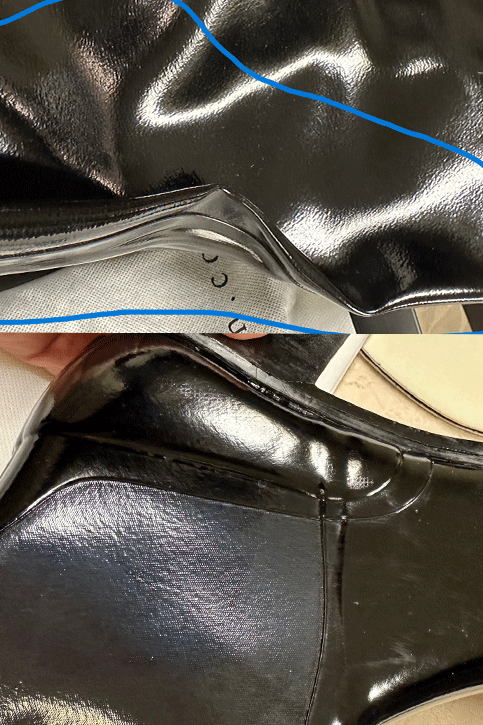 Close-up comparison of ACQUO of Sweden's black high-gloss over-the-knee rubber boots, highlighting subtle variations in material finish and seam craftsmanship for quality control and product transparency.