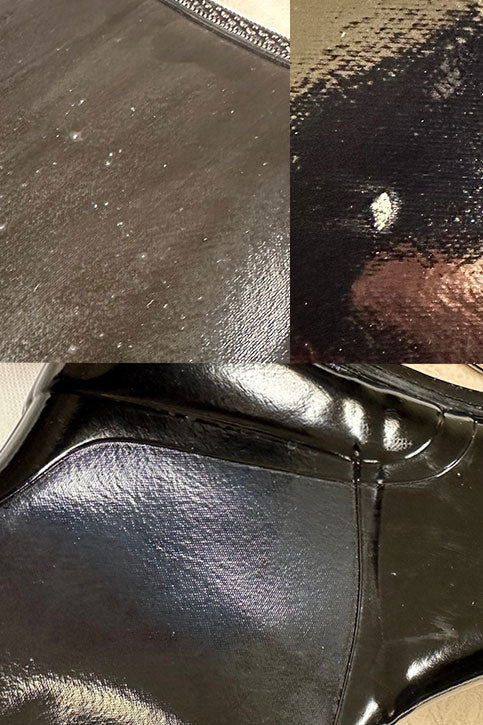 Close-up collage of ACQUO of Sweden black shiny rubber boots showing surface imperfections and material defects