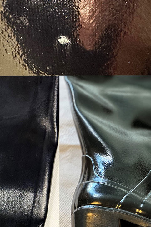 Detailed image of ACQUO of Sweden’s black over-the-knee rubber boots, showcasing glossy finish, heel design, and natural imperfections such as surface marks and material texture variations that reflect the artisanal quality of the boots