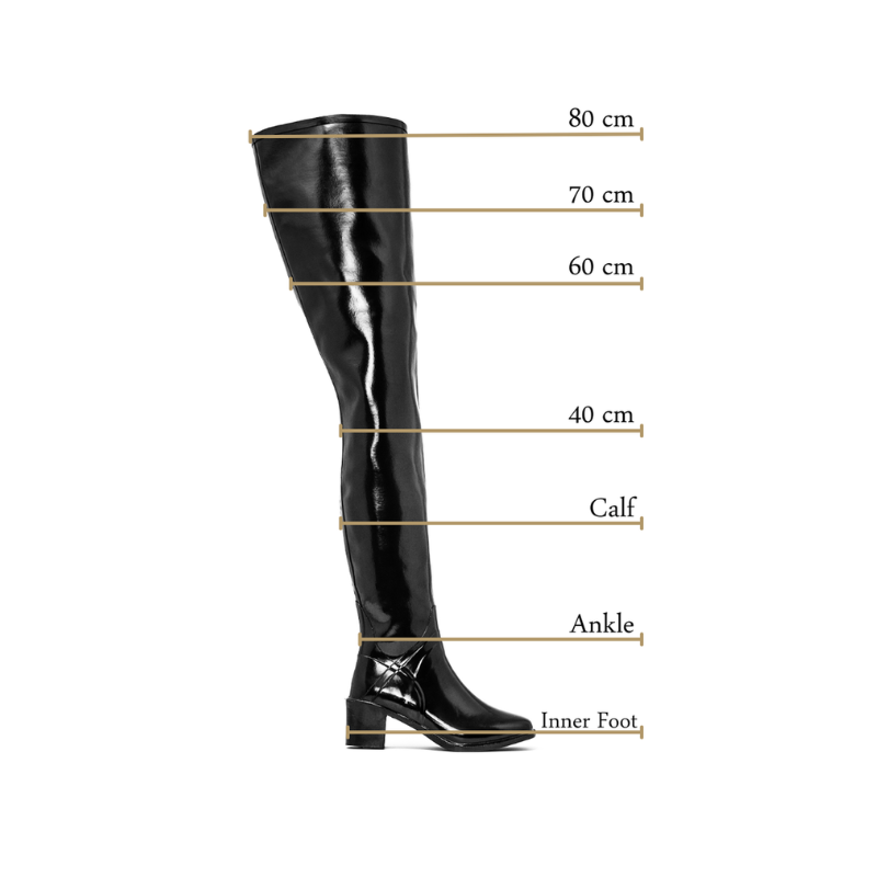 Size guide illustration for ACQUO of Sweden black over-the-knee boots showing measurements for shaft height, calf width, ankle width and inner foot length. Elegant waterproof boots with refined Swedish design and a sleek feminine silhouette.
