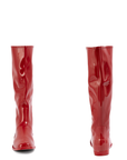 Svea Cherry Red front and back view of ACQUO of Sweden shiny rubber boots with a classic silhouette and flat sole