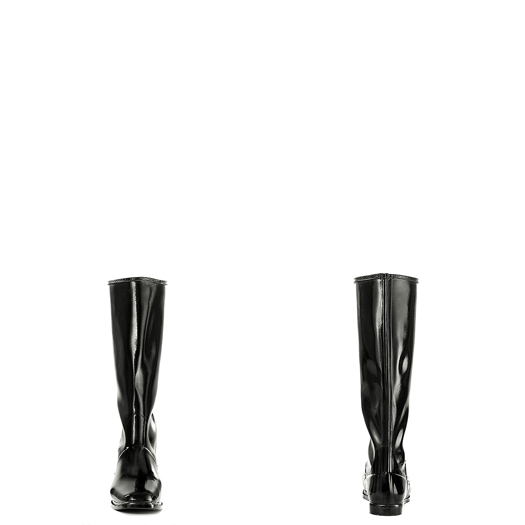 Front and back view of ACQUO of Sweden’s knee high shiny black boots with low heels, crafted for comfort and elegance in iconic Swedish design