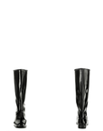 Front and back view of ACQUO of Sweden’s knee high shiny black boots with low heels, crafted for comfort and elegance in iconic Swedish design
