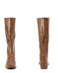 Svea Walnut Brown front and back view of ACQUO of Sweden shiny rubber boots with a classic silhouette and flat sole