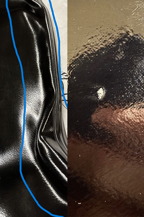 Detailed side-by-side view of ACQUO of Sweden black over-the-knee boots highlighting wrinkling along the shaft and a visible mark on the toe area, used for showcasing material texture and surface flaws for product quality review
