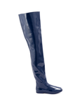 Vega Iris Blue side view by ACQUO of Sweden featuring elegant iris blue over-the-knee rubber boots with a sleek silhouette and refined flat heel.